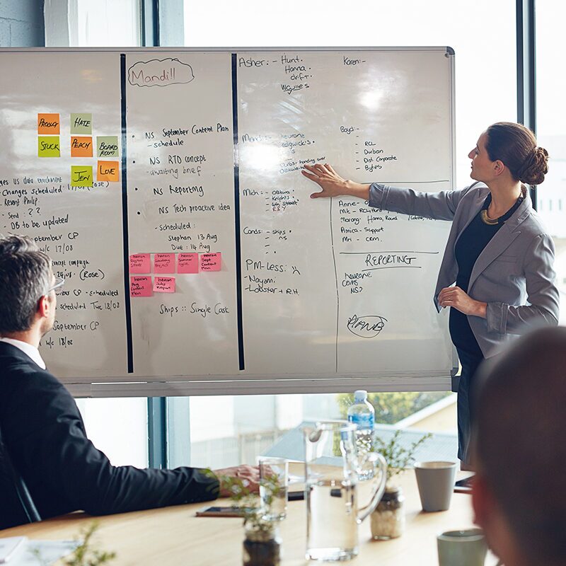 Woman professional showing information on a whiteboard during presentation.